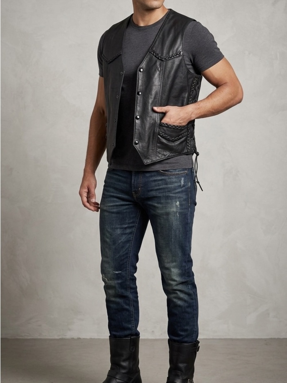 Unik International Black Leather Biker Vest Braided Trim & Lace-Up Sides, Size M